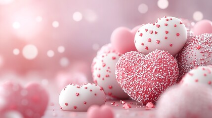 Obraz premium A collection of heart-shaped candies in shades of pink and white, covered with small colorful sprinkles, offers a festive look perfect for celebrations like Valentine's Day and weddings