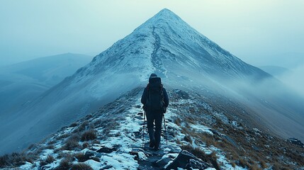 Hiker ascends snowy mountain ridge in fog.