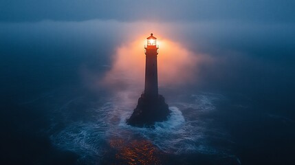 Fototapeta premium Luminous Lighthouse Standing Tall In Misty Ocean Waves