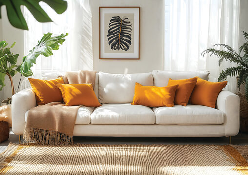 Scandinavian style living room with a white sofa with pillows and simple wall art. 