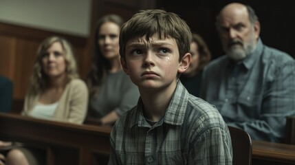Obraz premium Cute child and mother at table with gavel of judge blurred in background, family law concept