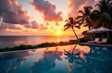 A magnificent sunset outdoors over an infinity pool, a summer beach resort, a tropical landscape. A wonderful, peaceful beach vacation. Stunning sunset view on the island, palm trees. Summer