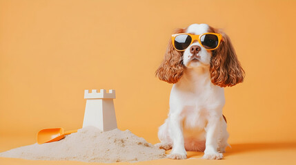Playful dog wearing sunglasses sitting beside a small sandcastle, symbolizing fun and summer creativity, ideal for family-friendly ads or vacation campaigns