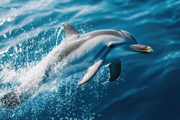 Fototapeta premium A dolphin leaping out of the ocean with a splash, great for marine life or aquatic-themed illustrations