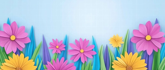 Fototapeta premium Colorful papercut banner showcasing blooming cactus plants with vibrant details