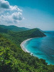 Fototapeta premium Secluded cove with turquoise water and lush green hills.