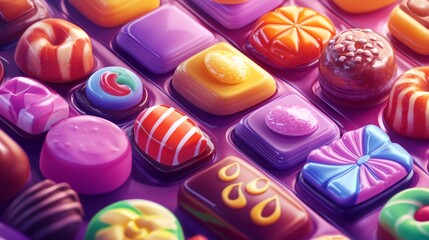 Obraz premium Glossy game buttons, boards and bars with candy and chocolate texture. Vector cartoon set of sweet game ui elements, menu, play, score buttons, check and cross marks, sliders
