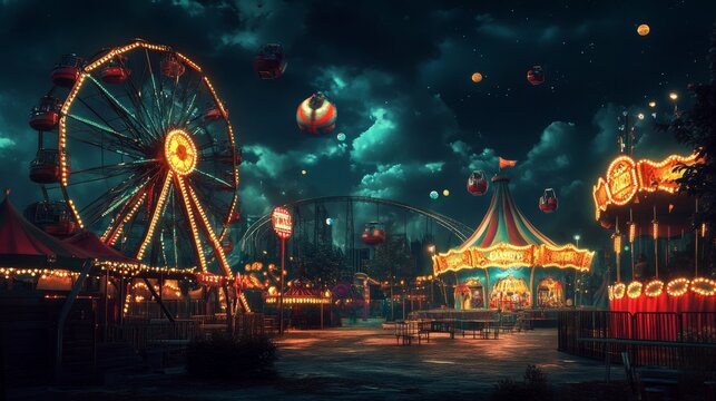 Smartphone background theme with carnival funfair at night. Vector template for mobile phone screen saver with dark landscape with illuminated circus and amusement park
