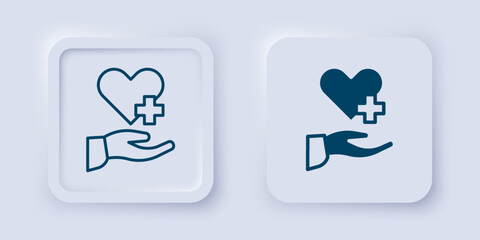 Obraz premium Filled and outline Heart with a cross icon isolated on grey background. First aid. Healthcare, medical and pharmacy sign. Square button. Vector