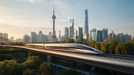 Naklejka premium Maglev train speeding through modern city at sunrise.