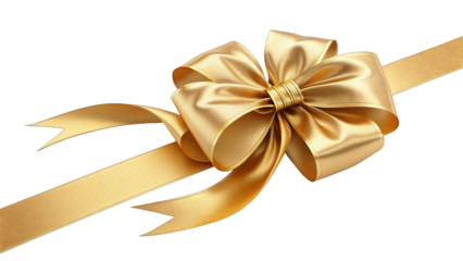 Luxurious gold ribbon bow with a metallic sheen on a transparent background, perfect for premium gift wrapping, holiday decorations, and elegant packaging designs.