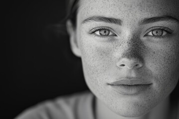 psychological black and white close-up portrait of young freckled woman