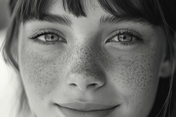 Fototapeta premium psychological black and white close-up portrait of young freckled woman