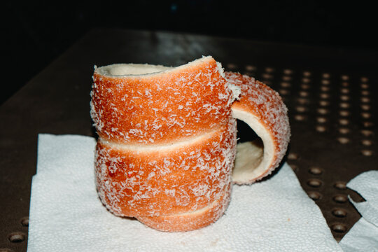 Hungarian kurtoskalacs, aka chimney cake, on a table