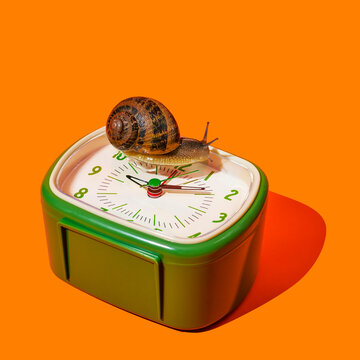 land snail crawls by a green and white alarm clock