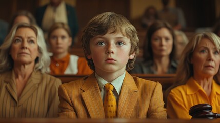 Obraz premium Cute child and mother at table with gavel of judge blurred in background, family law concept