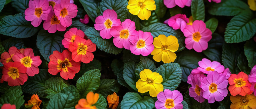 Vibrant primroses blooming on a lush forest floor during springtime