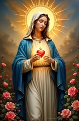 Religious illustration of Virgin Mary. Holy figure holds glowing heart. Beautiful depiction of faith, devotion. Rose bushes surround figure. Spiritual, artistic representation of religious icon. © Pete