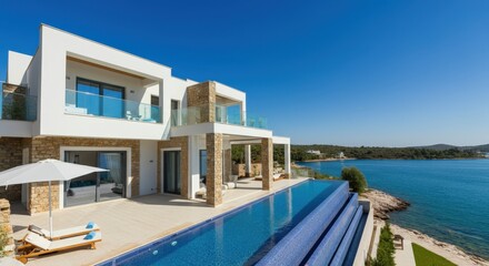 Fototapeta premium Modern villa with infinity pool overlooking the serene ocean