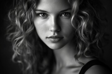 Fototapeta premium psychological black and white close-up portrait of young woman with curly hair