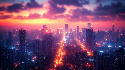 Fototapeta premium City Skyline at Sunset Glowing Lights and Colorful Clouds