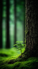 Naklejka premium Kleiner Baumstamm neben mächtigem Baum im grünen Wald