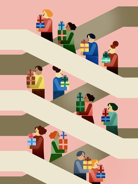 Women with gift boxes on escalators in mall