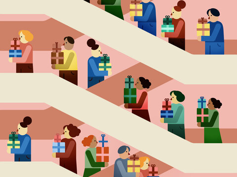 Women with colorful gifts boxes on moving stair