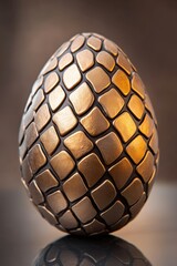 Golden metallic egg with a textured, scale-like pattern, reflecting warm light on a dark background. The design evokes luxury, elegance, and a sense of mystery or fantasy, AI