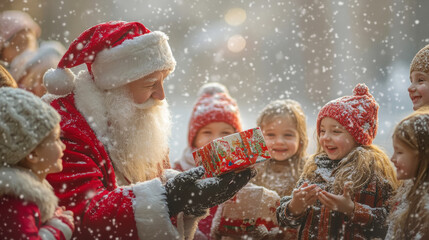Joyful children receiving presents from saint nicholas on a snowy day