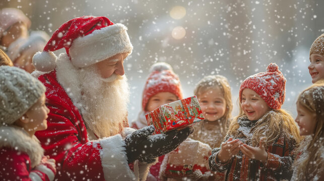 Joyful children receiving presents from saint nicholas on a snowy day