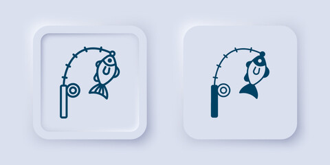 Filled and outline Fishing rod and fish icon isolated on grey background. Fishing equipment and fish farming topics. Square button. Vector