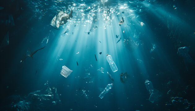 Plastic Pollution In Ocean - Underwater Shine With garbage Floating On Sea - Environmental Problem