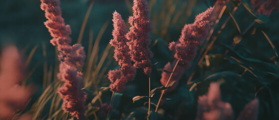 Naklejka premium Vivid alpine meadow flourishing with vibrant wildflowers under soft twilight glow