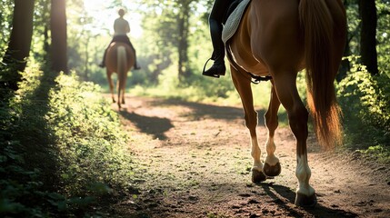 Fototapeta premium A person rides a horse along a dusty trail