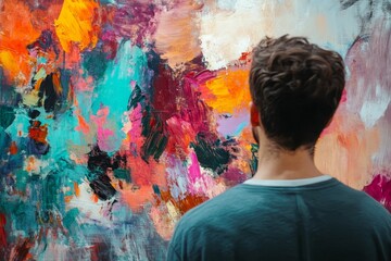 Obraz premium Man appreciates abstract artwork, engaging deeply with the artistic expression and creativity
