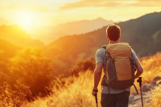 Young man hiking in mountains at sunset, capturing a stunning panoramic view with golden light