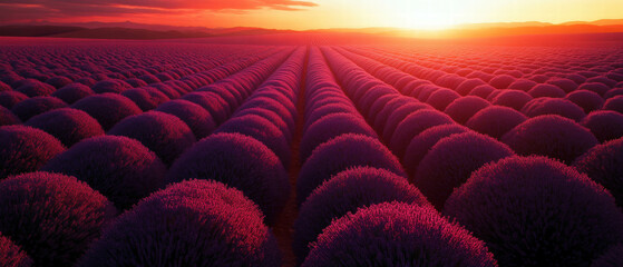 Obraz premium Blooming lavender field under the warm sun at sunset in vivid detail