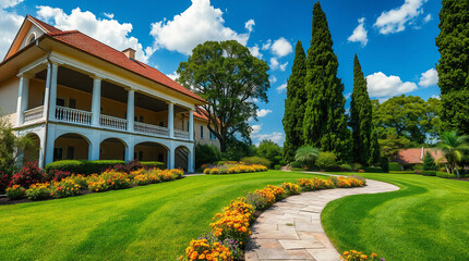 Naklejka premium A dynamic depiction of a large luxurious house, its red tile roof and white columns accentuated by glowing bioluminescent colors and natural light effects. 