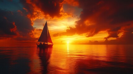 Sailboat Navigating Fiery Sunset Ocean Waters