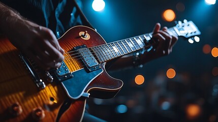 Obraz premium Close-up of musician playing electric guitar on stage.