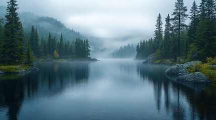 Fototapeta premium Serene Mountain Lake Enveloped In Misty Fog