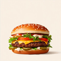 A realistic, moderate-height burger on a pristine white background. A shiny, toasted brioche bun with sesame seeds crowns the top. Below, crisp romaine lettuce lays a fresh base for thick slices 