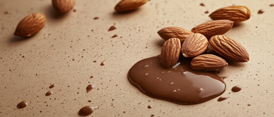 Fototapeta premium Chocolate milk droplets surround almond nuts on a beige surface creating a tempting display