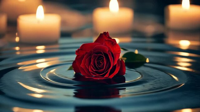 Elegant red rose floating on calm water surrounded by glowing candles for serene ambiance