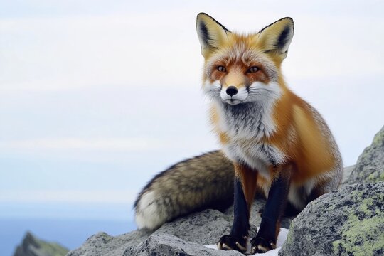 A red fox sits atop a rock, looking out at the surroundings