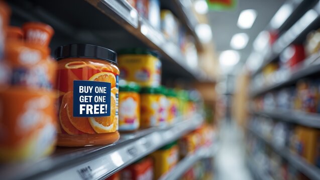 Bright Orange Jar with BOGO Promotion on Supermarket Shelf