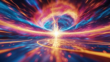 Vivid cosmic swirl in bright blue and orange energy explosion