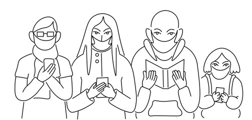 people in medical masks in linear style in vector. isolated image for website banner background