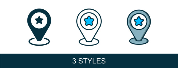 Filled outline Map pointer with star icon isolated on white background. Star favorite pin map icon. Map markers. Vector